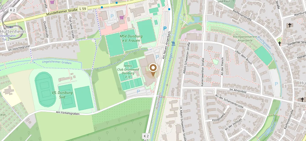 Stadtplan mit dem Standort der Projektbau Duisburg GmbH, Am Neuen Angerbach 28 in 47259 Duisburg-Hüttenheim
